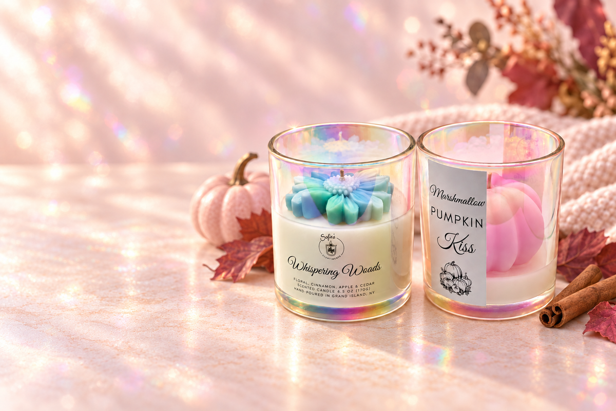 Two iridescent glass jar candles on a softly lit surface, styled with autumn props including a small pumpkin, cinnamon sticks, and dried leaves. The left candle is labeled Whispering Woods with a blue flower wax detail, and the right candle is labeled Marshmallows Pumpkin Kiss with a pink flower wax detail.