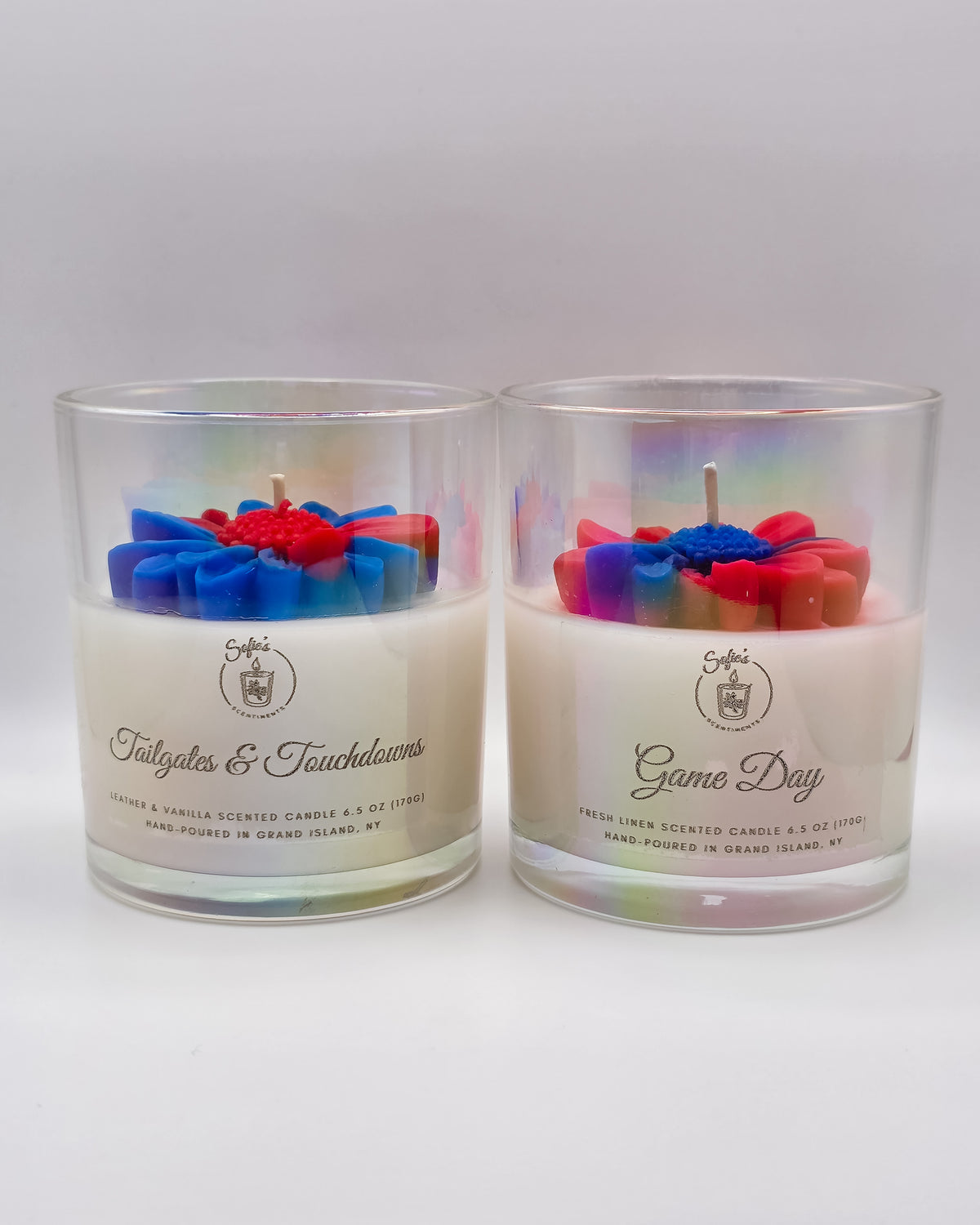 Game Day – Fresh Cotton & Clean Linen Candle (6.5oz, Red & Blue Daisy, Iridescent Jar)