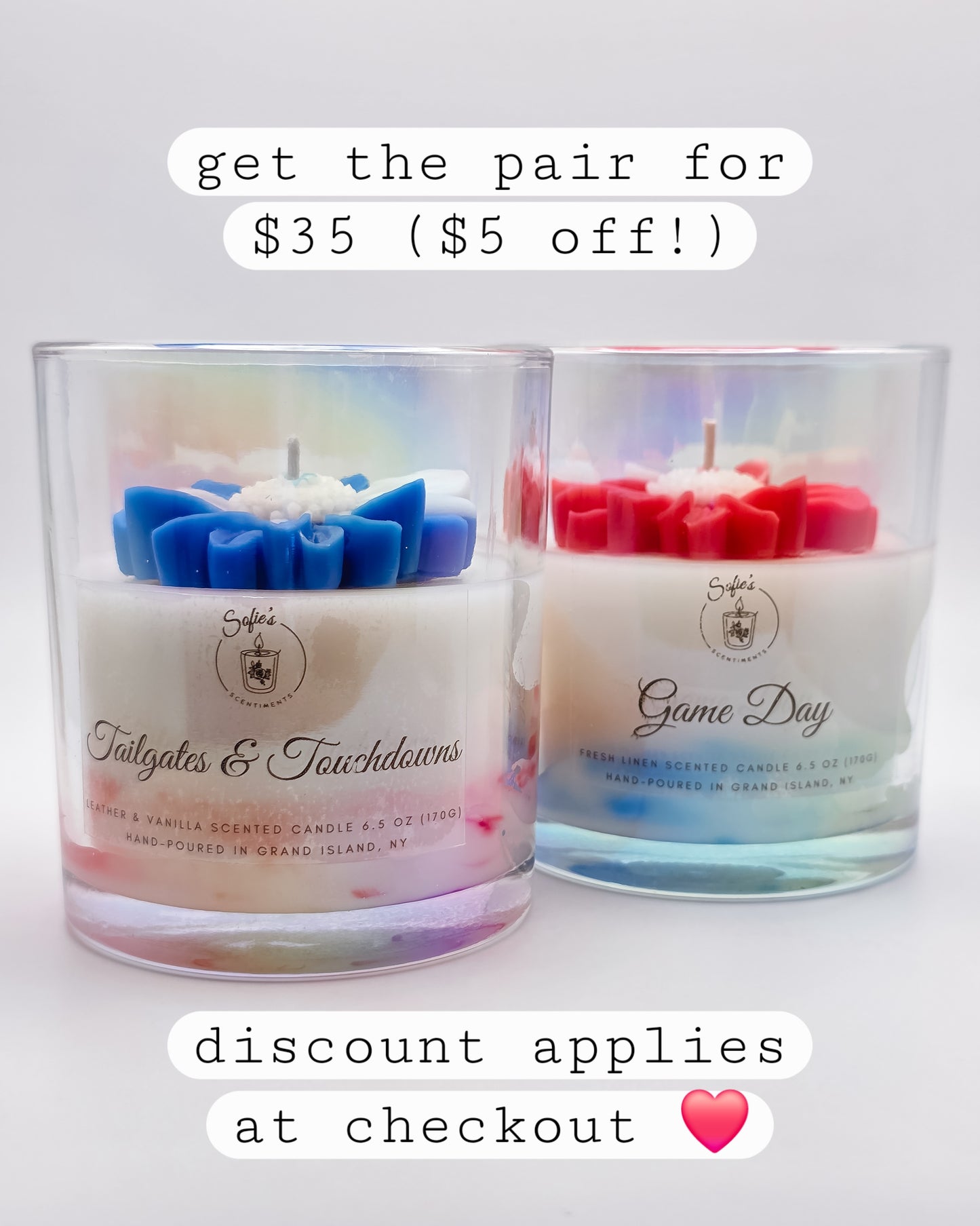 Game Day – Fresh Cotton & Clean Linen Candle (6.5oz, Blue & White Marble with Red Daisy, Iridescent Jar)